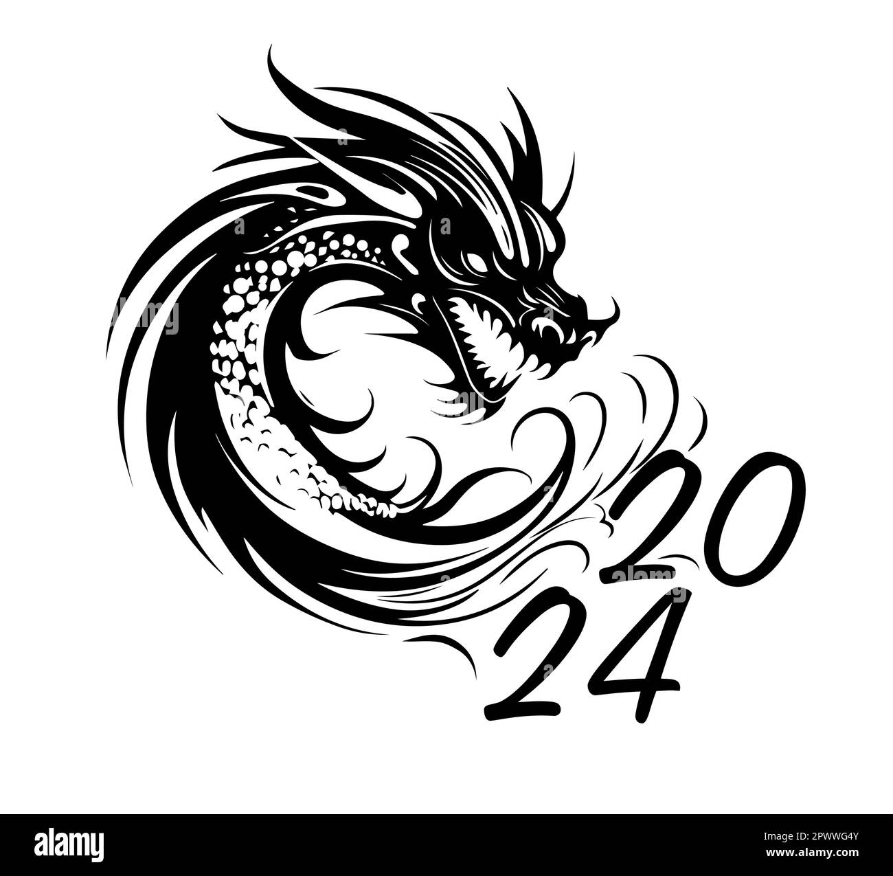 tattoo, print on a t-shirt black silhouette of a dragon. Symbol of 2024. Vector illustration Stock Vector