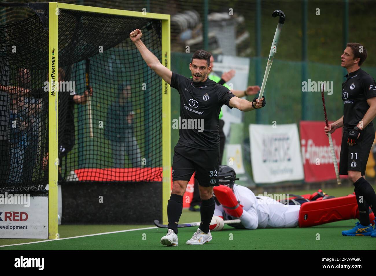 Brussels, Belgium. 01st May, 2023. Racing's Tanguy Cosyns celebrates during a hockey game between Royal Racing Club Bruxelles and Royal Leopold Club, Monday 01 May 2023 in Uccle/Ukkel, Brussels, on day 21 of the Belgian Men Hockey League season 2022-2023. BELGA PHOTO VIRGINIE LEFOUR Credit: Belga News Agency/Alamy Live News Stock Photo