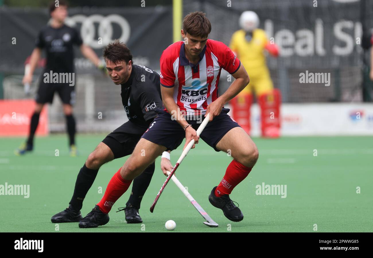 Brussels, Belgium. 01st May, 2023. Leopold's Max Muschs fights for the ball during a hockey game between Royal Racing Club Bruxelles and Royal Leopold Club, Monday 01 May 2023 in Uccle/Ukkel, Brussels, on day 21 of the Belgian Men Hockey League season 2022-2023. BELGA PHOTO VIRGINIE LEFOUR Credit: Belga News Agency/Alamy Live News Stock Photo