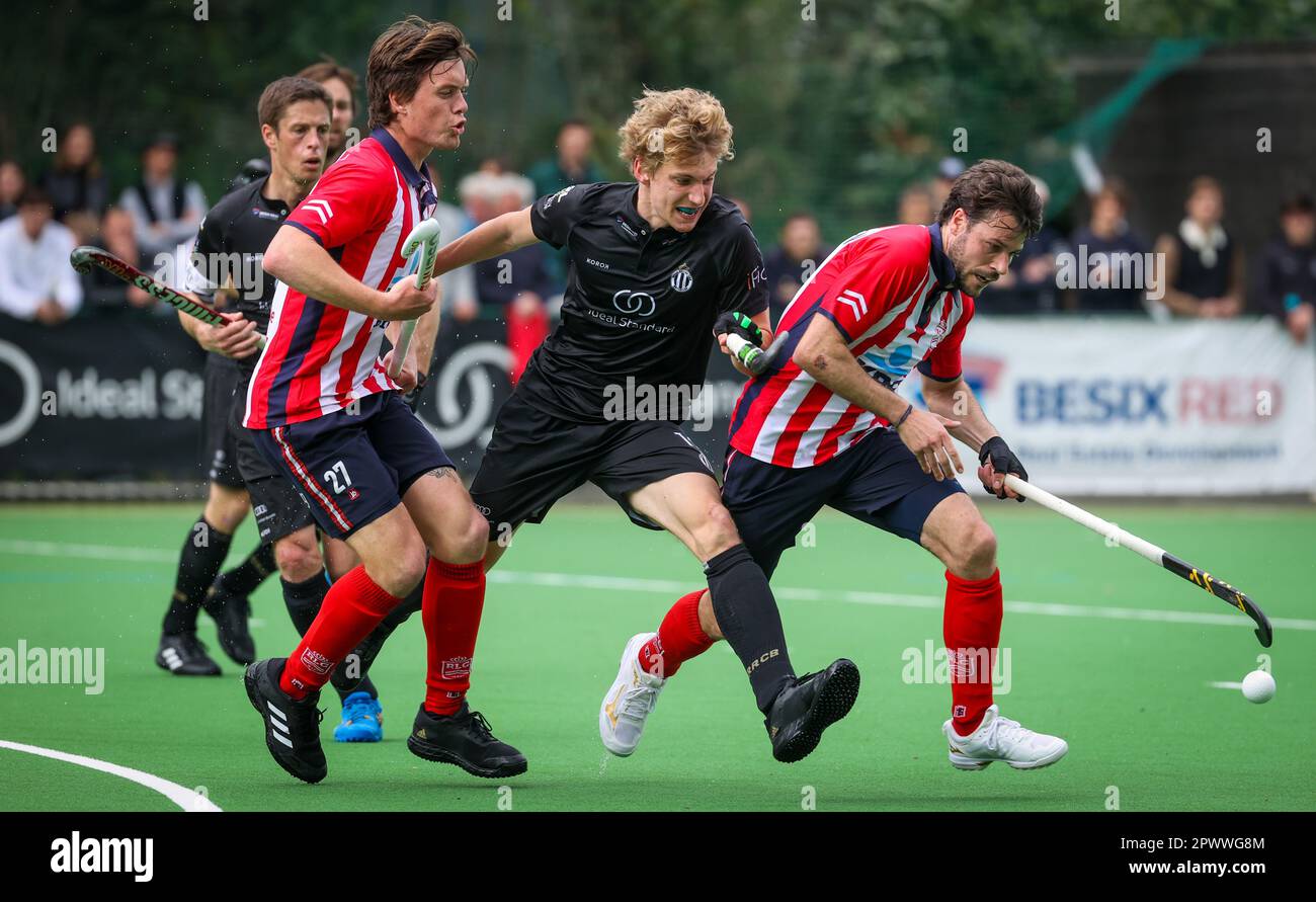 Brussels, Belgium. 01st May, 2023. Leopold's Gaspard Baumgarten fights for the ball during a hockey game between Royal Racing Club Bruxelles and Royal Leopold Club, Monday 01 May 2023 in Uccle/Ukkel, Brussels, on day 21 of the Belgian Men Hockey League season 2022-2023. BELGA PHOTO VIRGINIE LEFOUR Credit: Belga News Agency/Alamy Live News Stock Photo