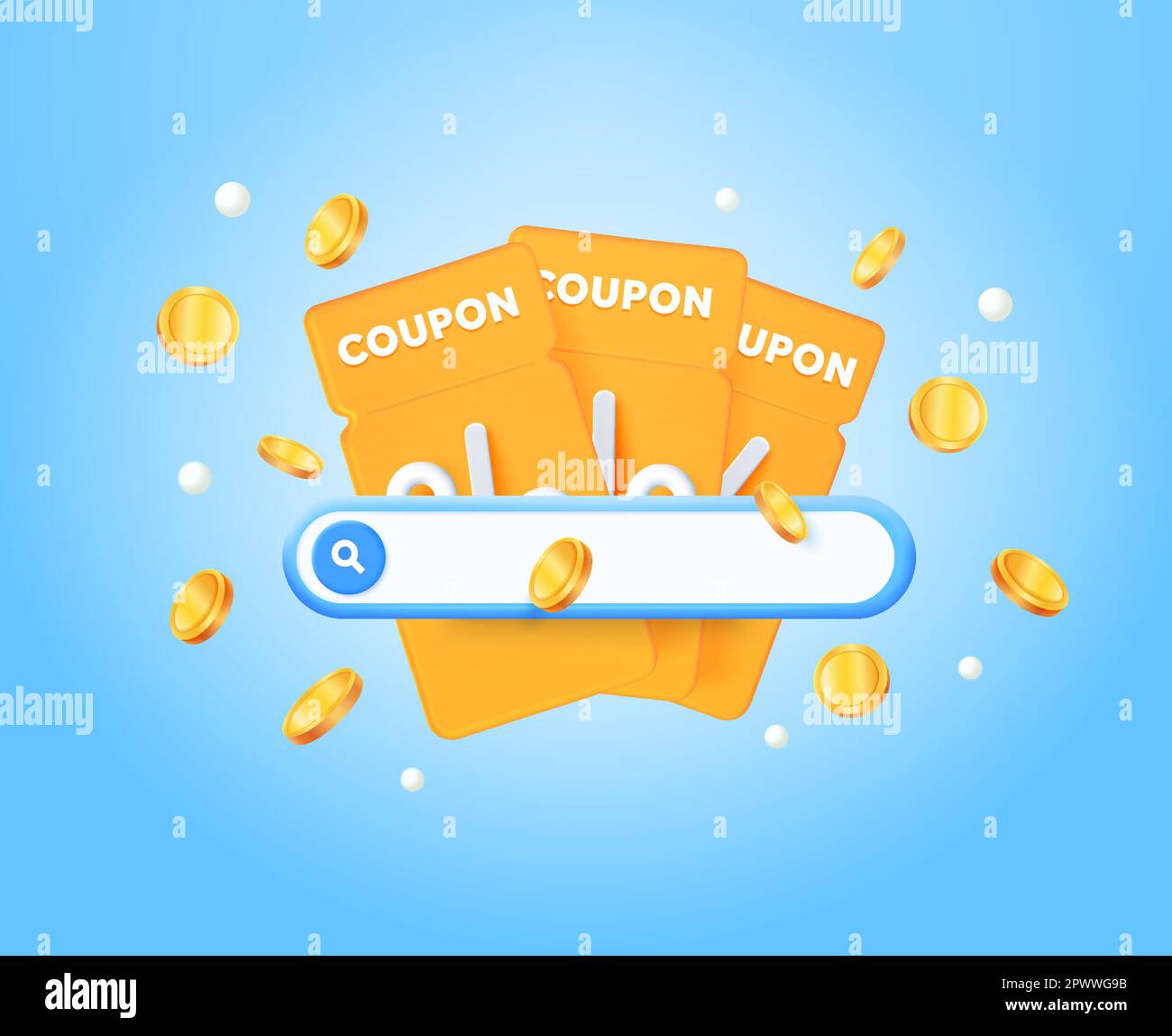 3d illustration coupons, vouchers with search bar and flying coins. Use