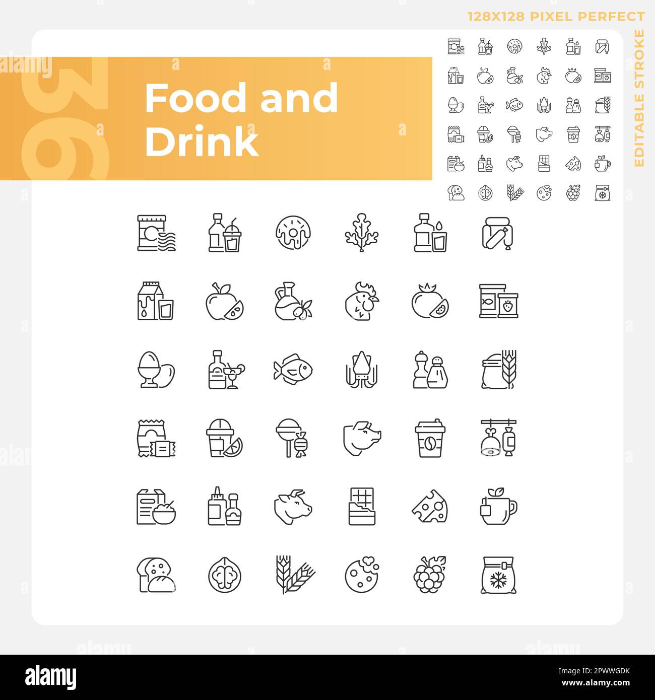 Food and drink pixel perfect linear icons set Stock Vector