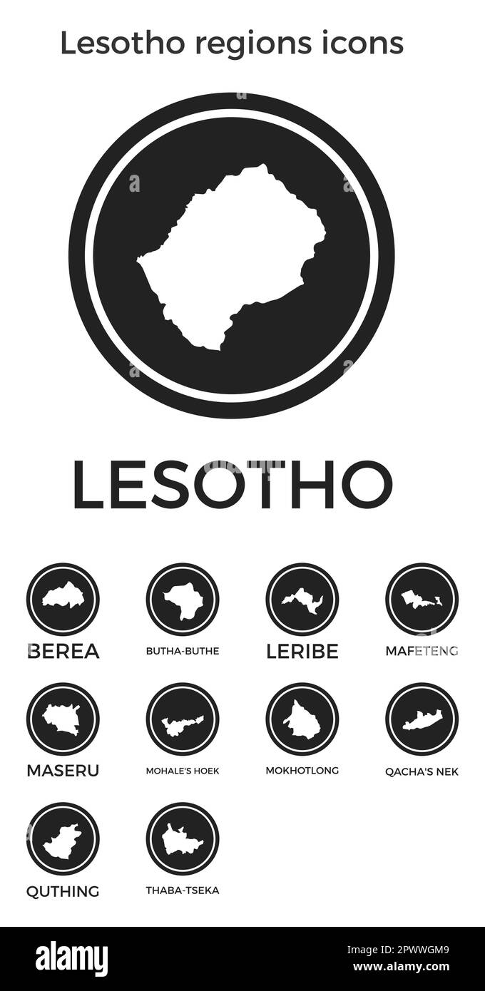 Lesotho regions icons. Black round logos with country regions maps and titles. Vector illustration. Stock Vector