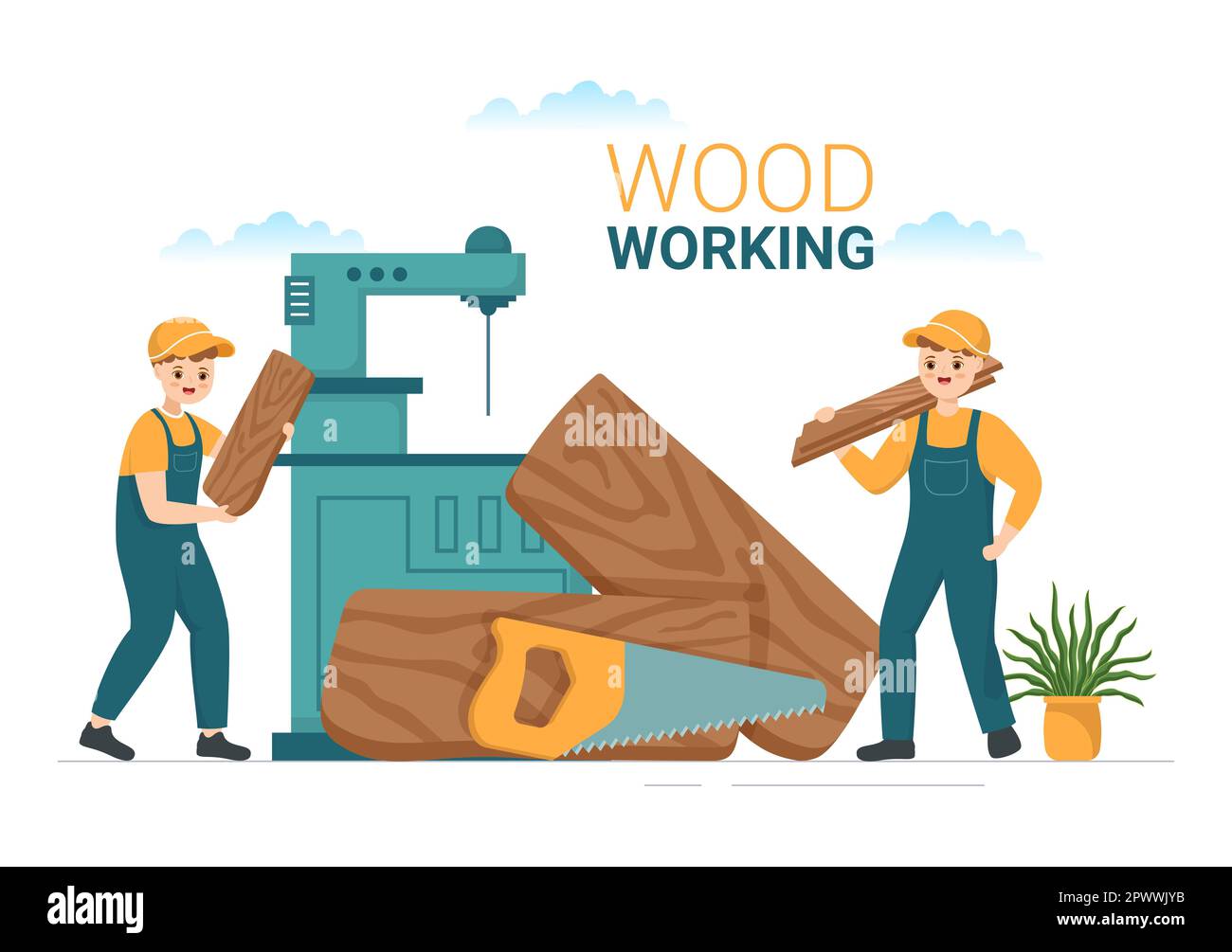 Woodworking with Wood Cutting by Modern Craftsman and Worker using