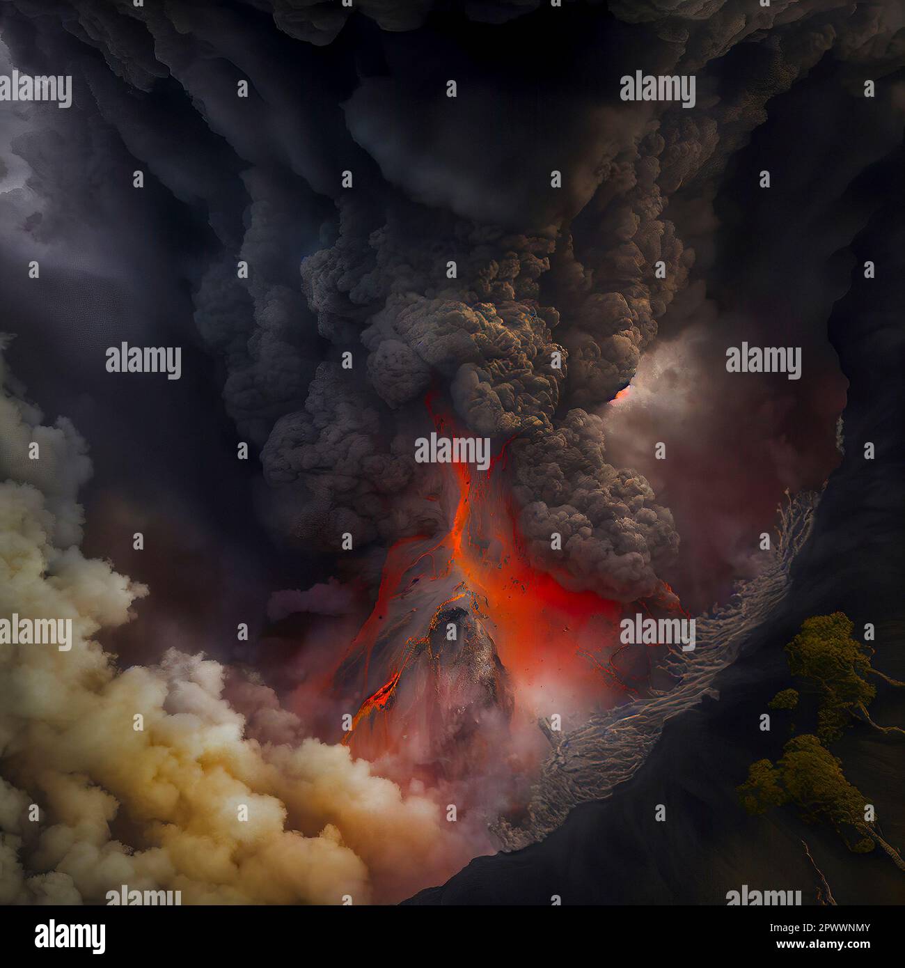 Aerial View of Billowing Smoke, Ashes and Lava rising up from an Erupting Volcano Stock Photo