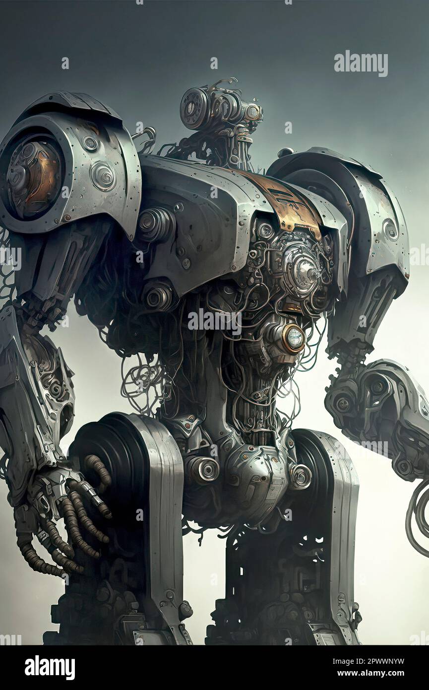 Cyberpunk Art of a Large Robot Standing in a Post Apocalyptic ...
