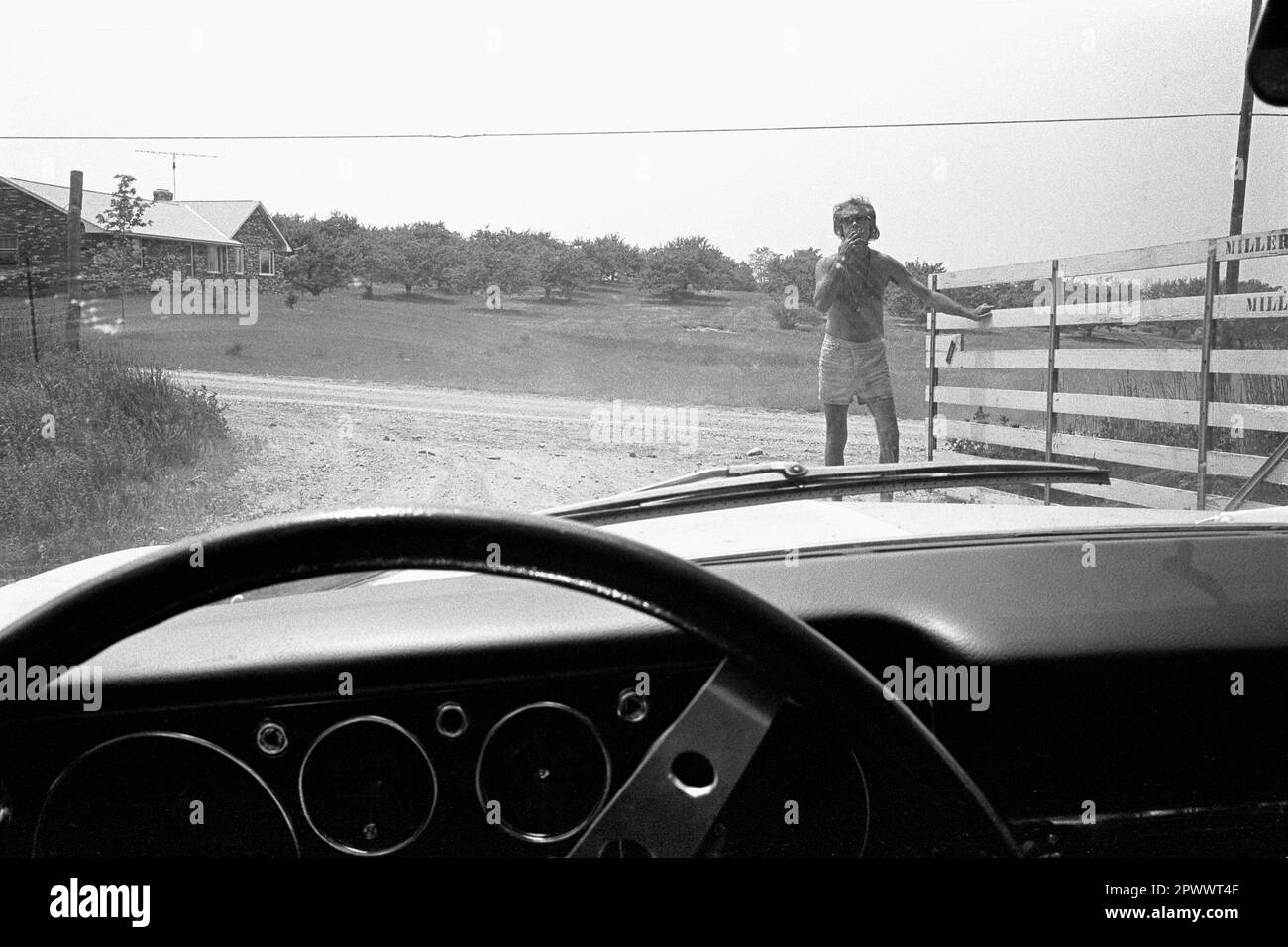 Timothy Leary, PhD, opens back gate to Hitchcock Estate in Millbrook