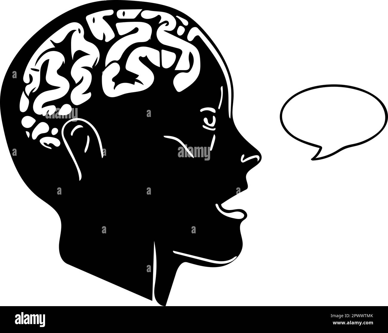 Human women head sideways in portrait. Speech bubble symbolizes that she is speaking. The brain is visible. Vector against transparent background. Stock Vector