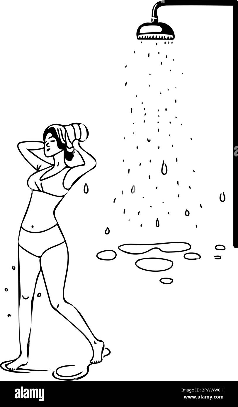 A dark-haired woman was in the shower. She is drying her hair with a towel. Outline illustration as black lines against transparent background. Vector Stock Vector