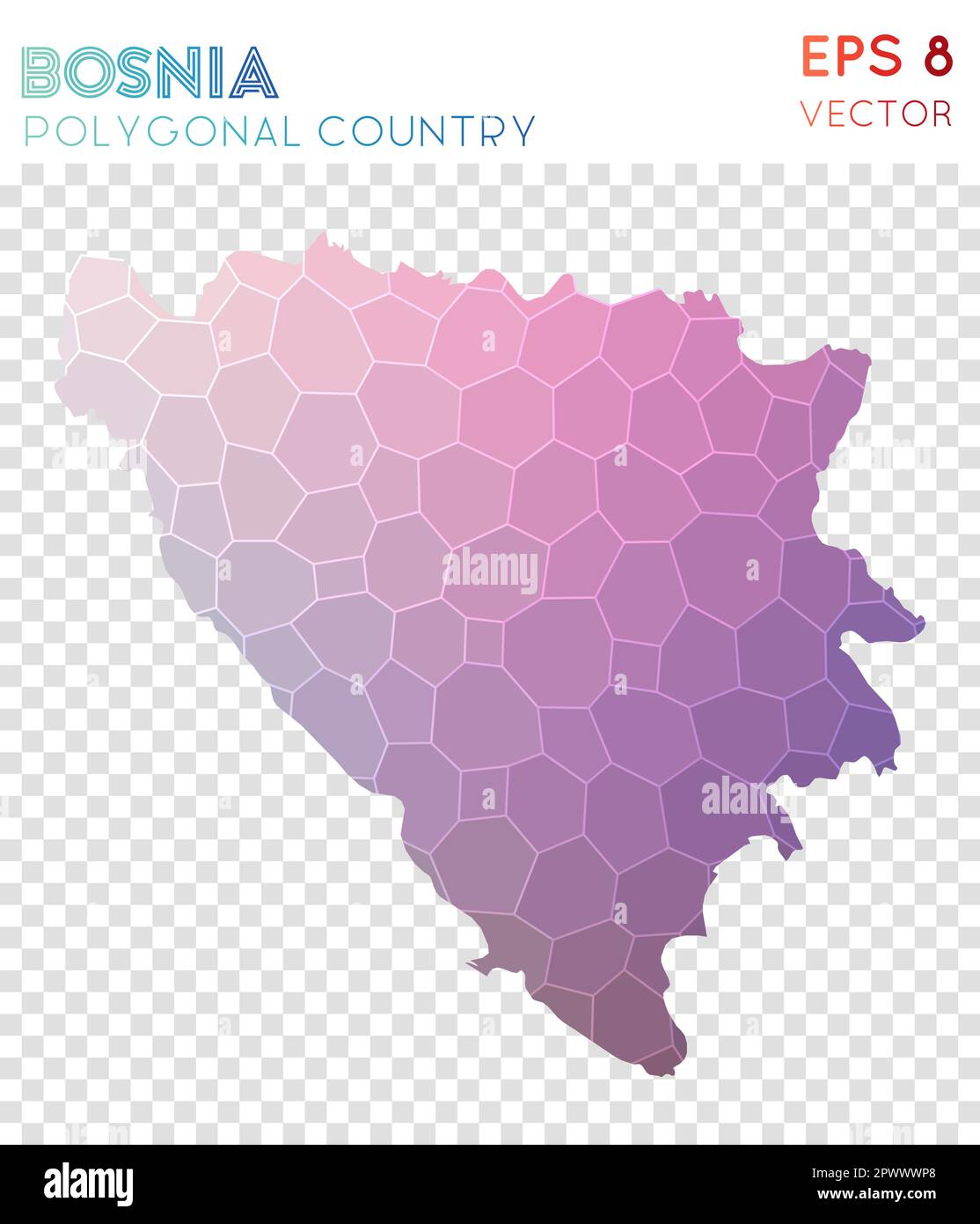 Bosnia polygonal map, mosaic style country. Brilliant low poly style, modern design. Bosnia polygonal map for infographics or presentation. Stock Vector