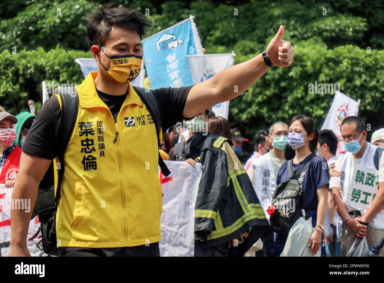 Taipei, Taiwan. 01st May, 2023. A protester wearing a vest emblazoned