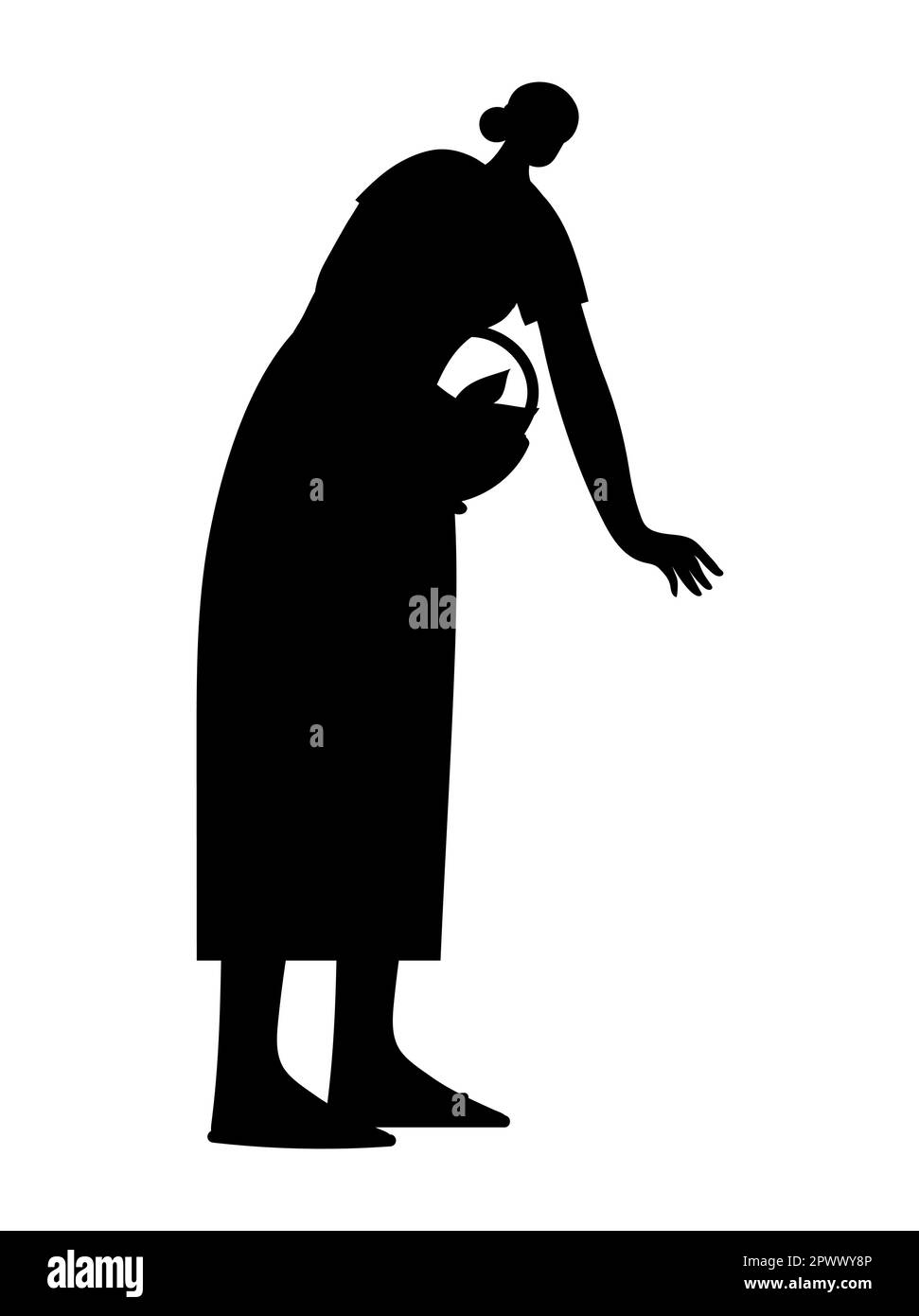Black silhouette of a woman carrying a basket of vegetables and fruits from indoor garden, vector Stock Vector