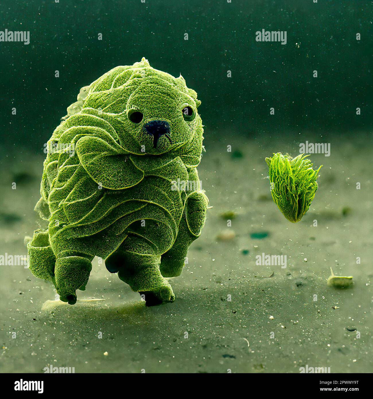 A Cute Microscopic Tardigrade Going for a Stroll Through Some Algae Stock Photo