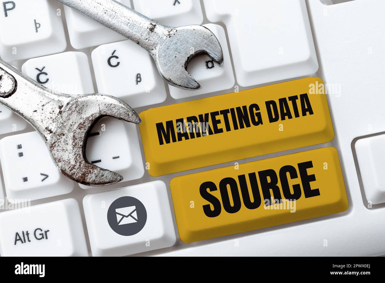 Writing displaying text Marketing Data Source, Internet Concept connection set up to a database from a server Stock Photo