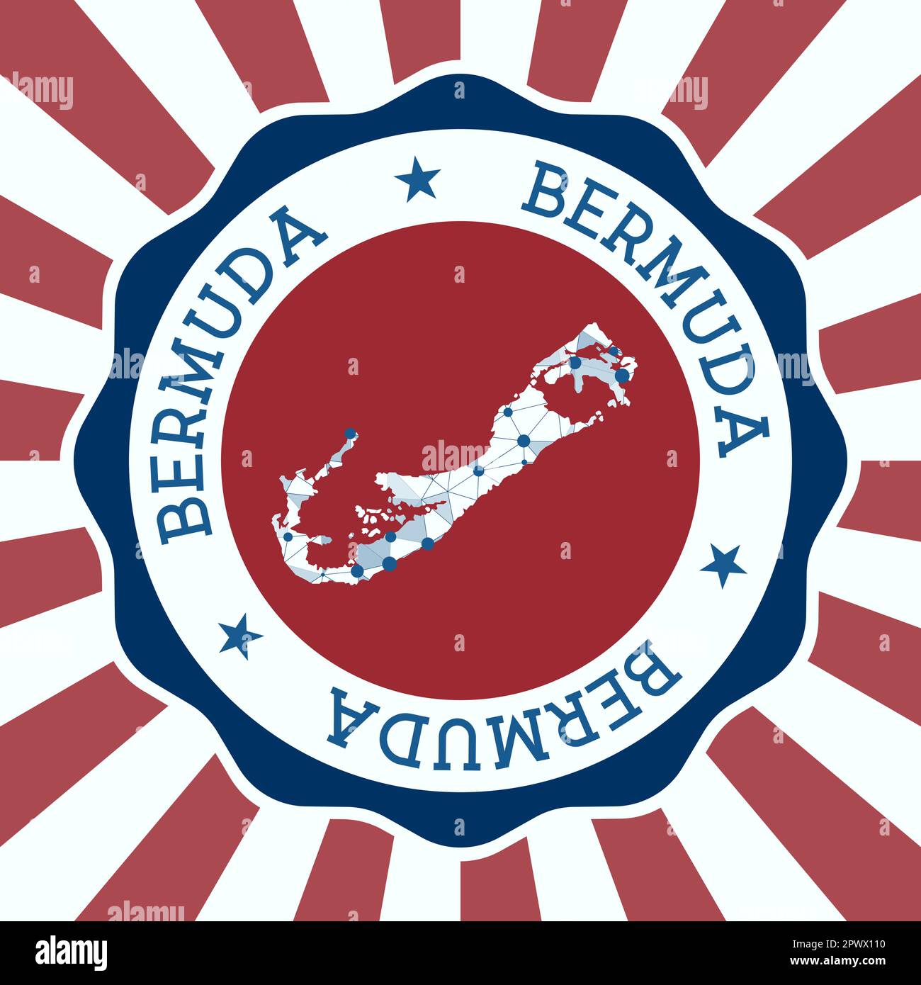 Bermuda Badge. Round logo of island with triangular mesh map and radial ...