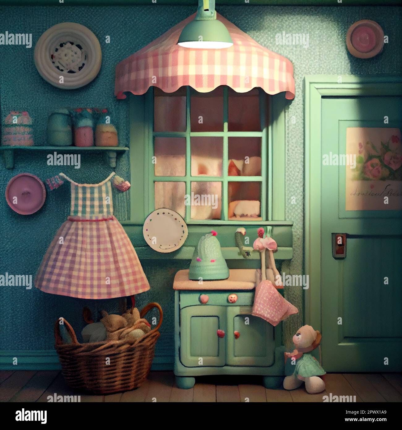 fantasy cute kawaii kitchen illustration for children with cakes and