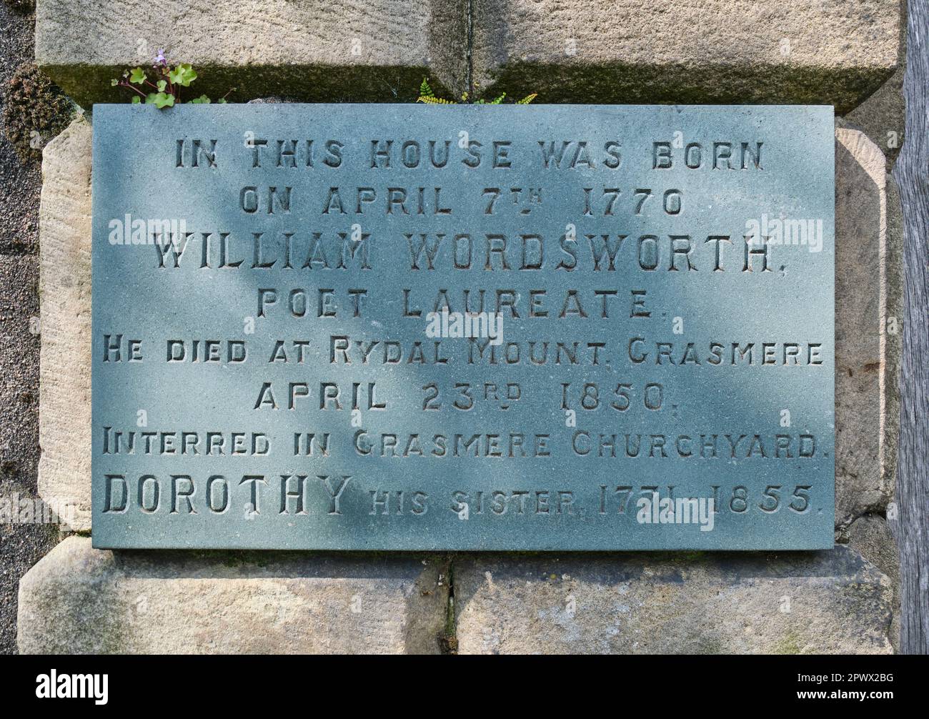 Plaque on the outside wall of Wordsworth House (National Trust), Cockermouth, Lake District, Cumbria Stock Photo