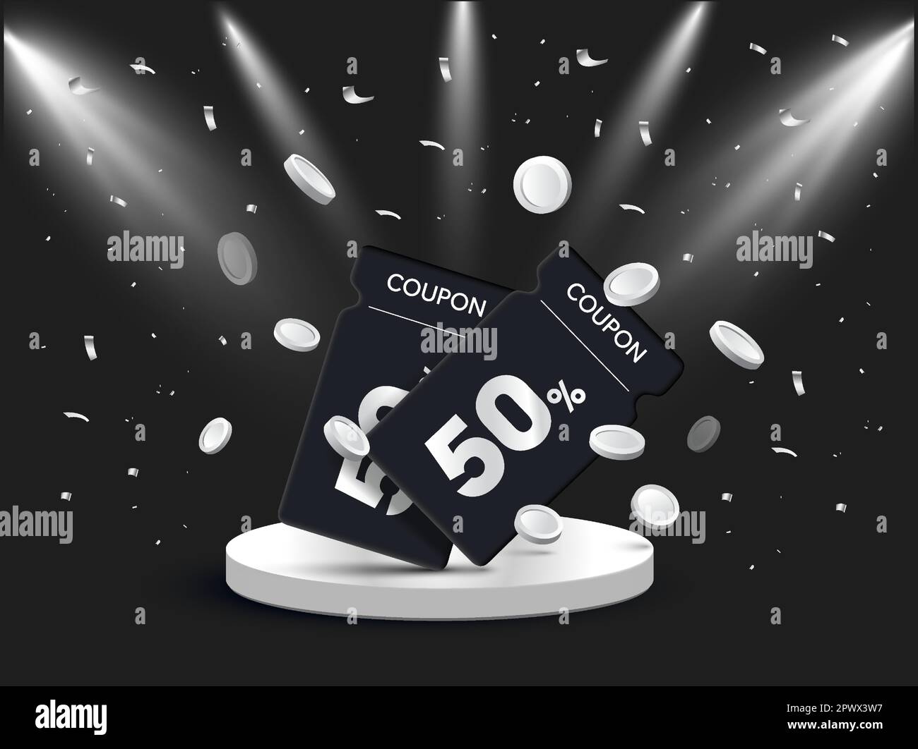 3d coupon with coins in gray podium background. 3d discount coupon with