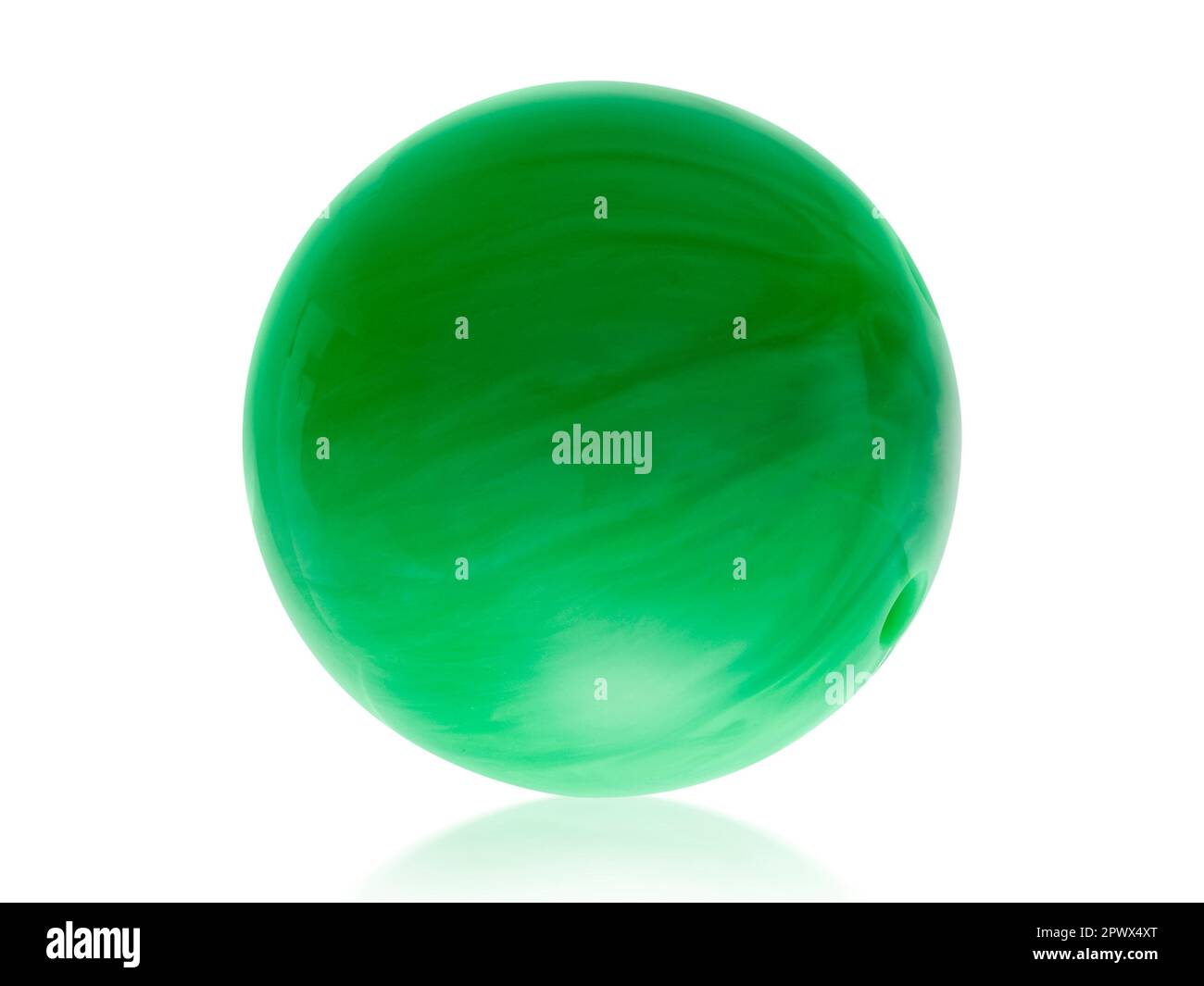 Green Bowling Ball with Holes Isolated on White Background Stock Photo