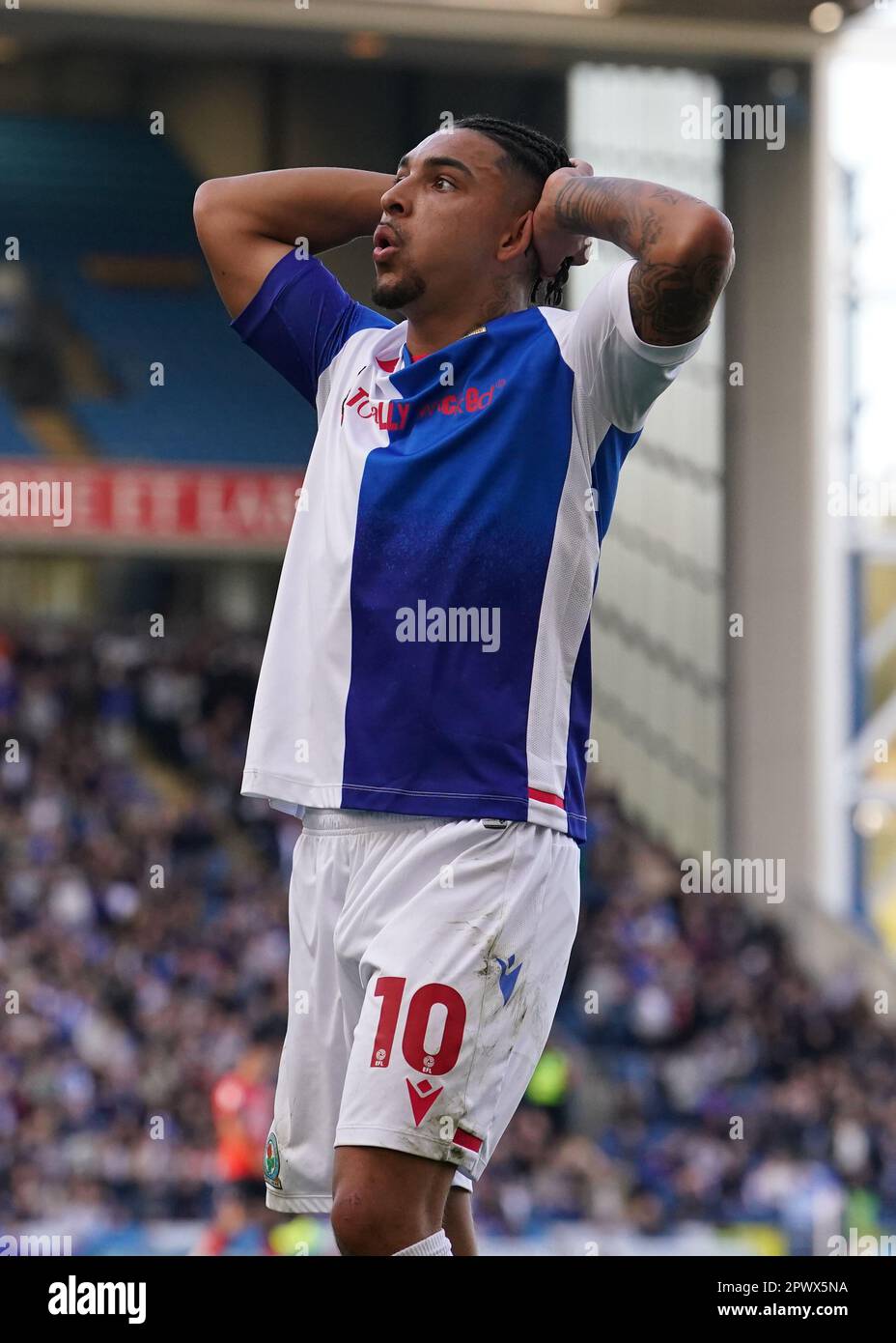 Blackburn Rovers’ Tyrhys Dolan reacts after a missed chance during the