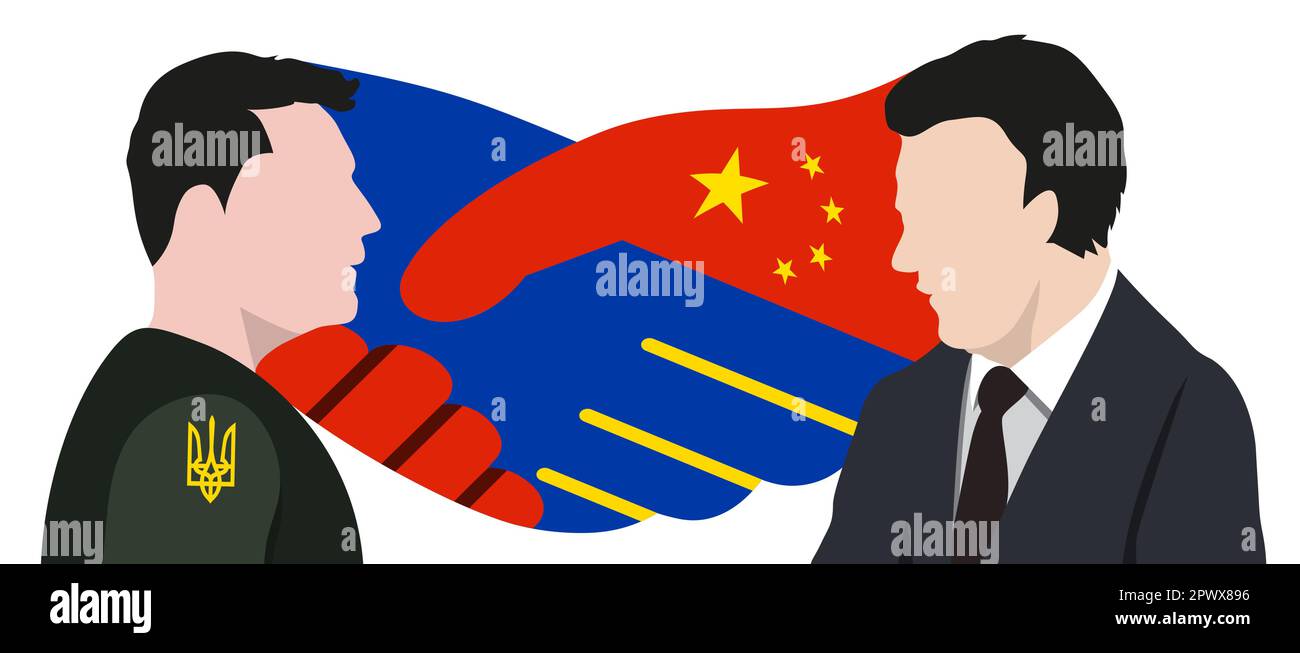 Chinese President Xi Jinping and Ukrainian President Volodymyr Zelensky on the background of a handshake painted in the colors of the flags of China a Stock Vector