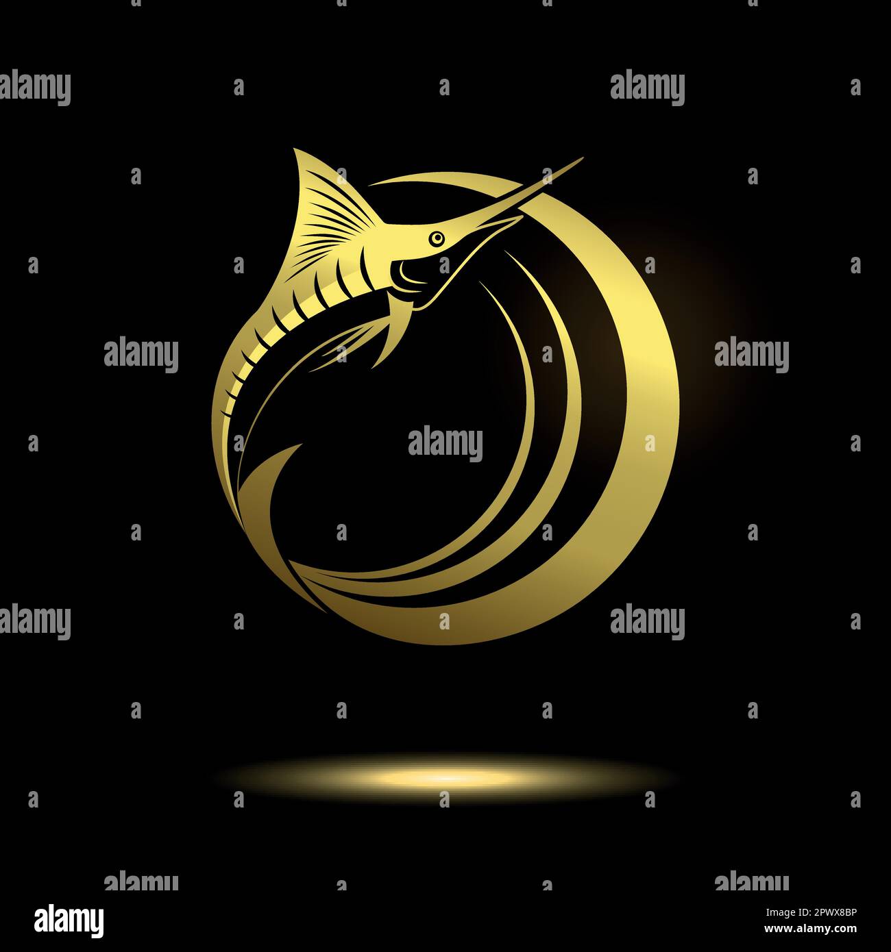 icon marlin fish in gold color on a black background Stock Vector