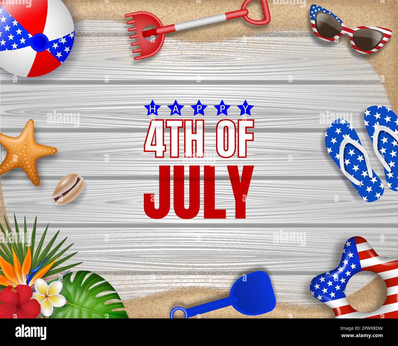 4th of july beach party poster. american independence background with star shaped signboard and 