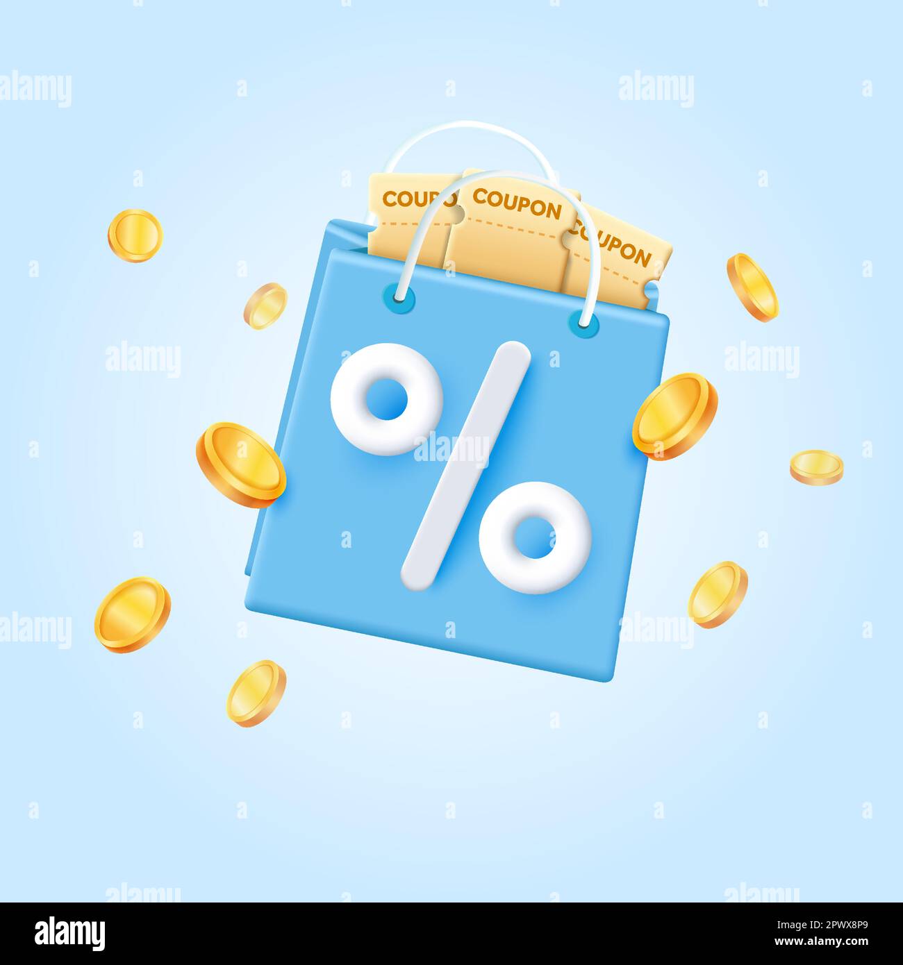 Shopping basket with discount coupons or vouchers. Online shopping and  purchases. Discount coupons with flying golden coins. Vector illustrator.  3d shopping basket and shopping cart. Blue background. Vector illustration  Stock Vector Image