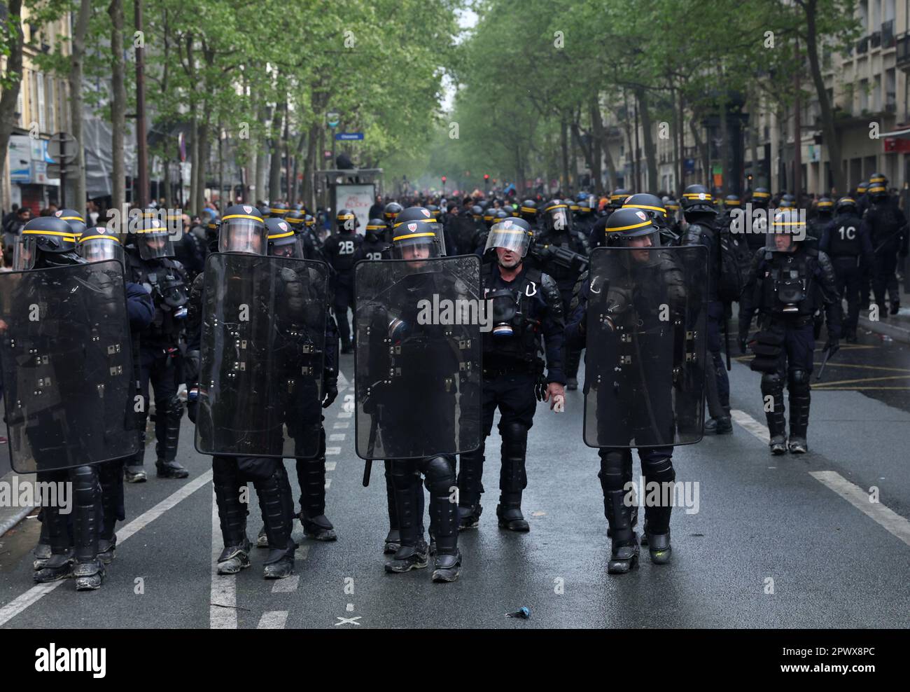 Paris, France. 01st May, 2023. Police take position during a Labor Day mass protest in the streets of Paris, on Monday, May 1, 2023. Clashes erupted between security forces and radical protesters smashing bank windows as unions pushed the president to scrap a higher retirement age. Photo by Maya Vidon-White/UPI Credit: UPI/Alamy Live News Stock Photo