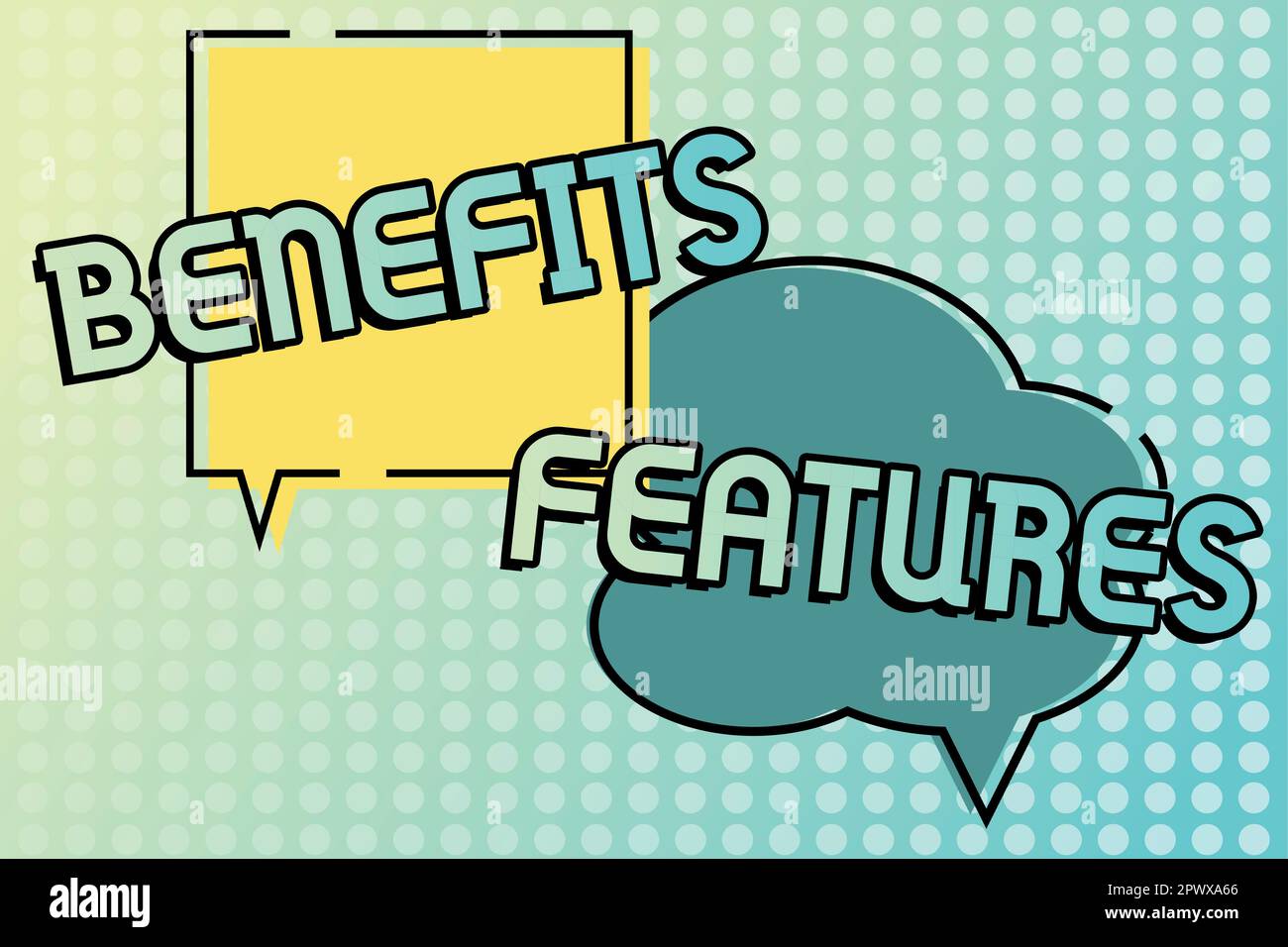 It Features A Sign Text sign showing Benefits Features, Business showcase Making a product ...