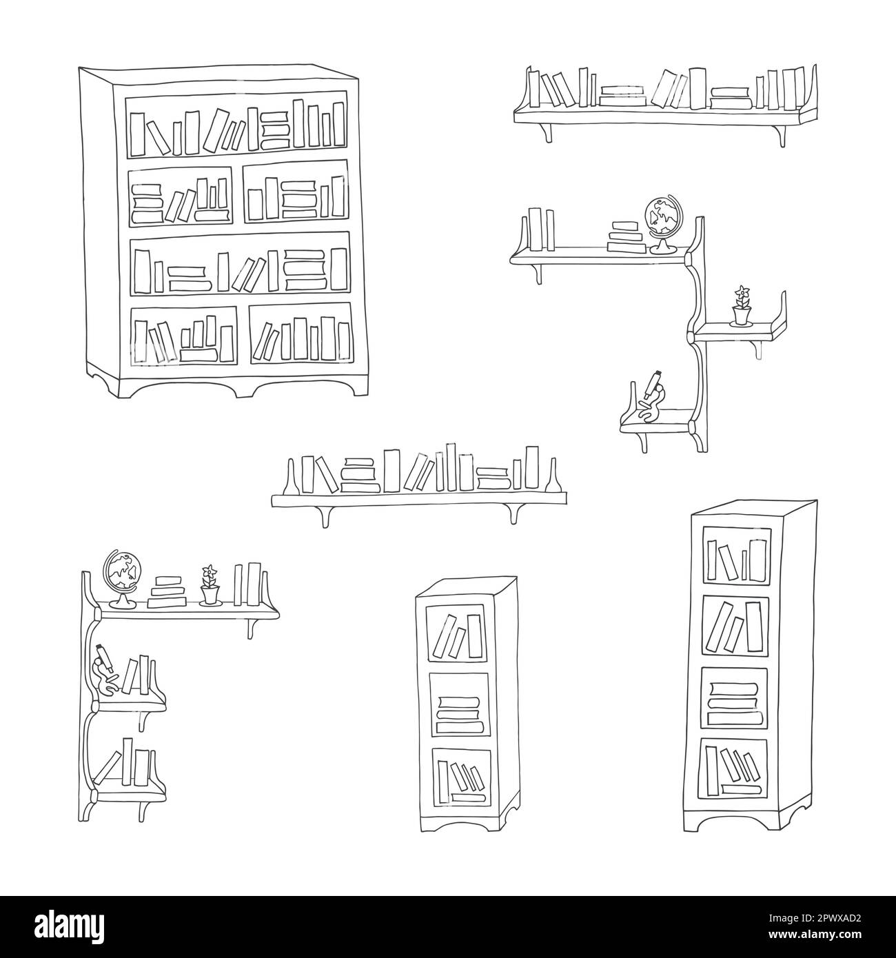 Vector illustration. Set of bookcases and bookshelves with books and