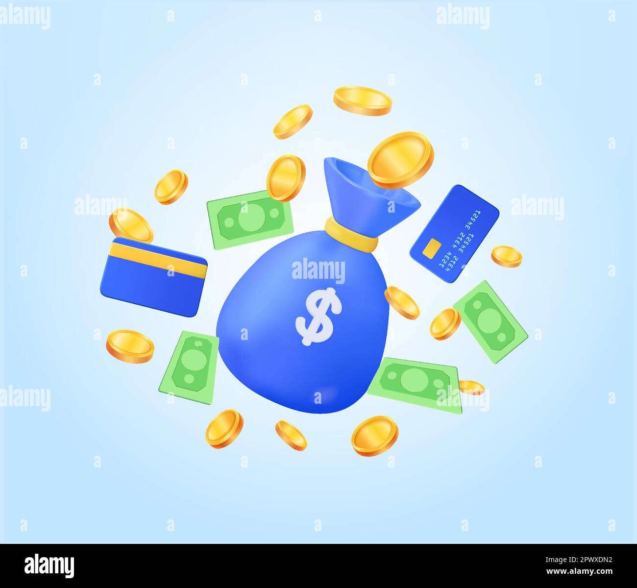 Bag blue money float, banknotes, coins, credit debit card, earn Finance