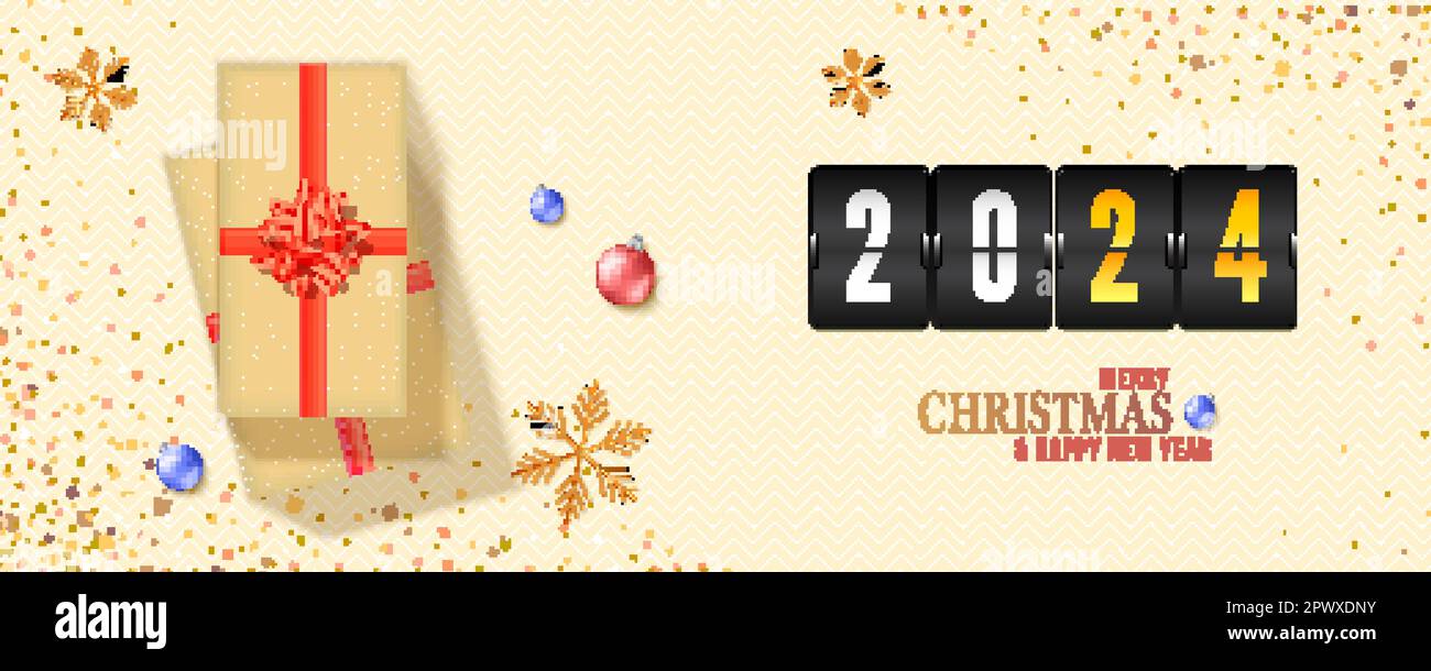 Mechanical flip chart and greetings of new 2024. Gift boxes on vintage