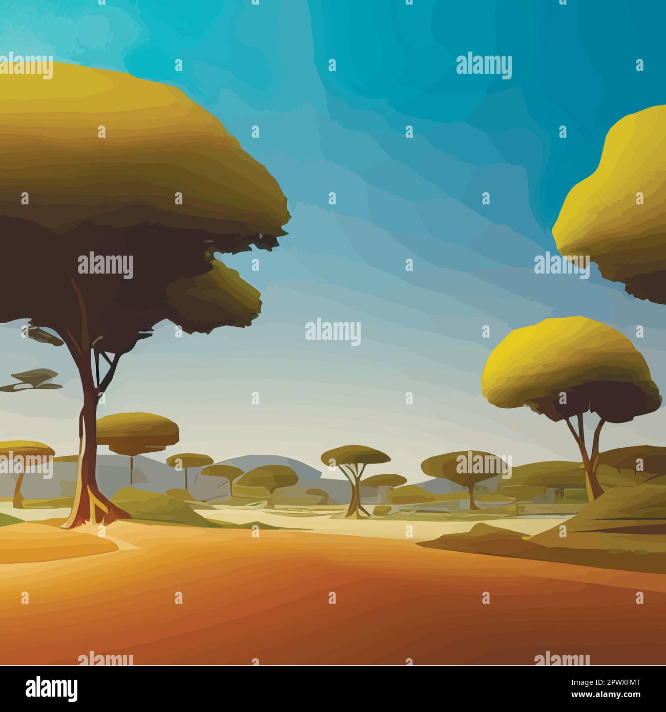 African savanna landscape, African wildlife cartoon with green trees, rocks and simple pasture