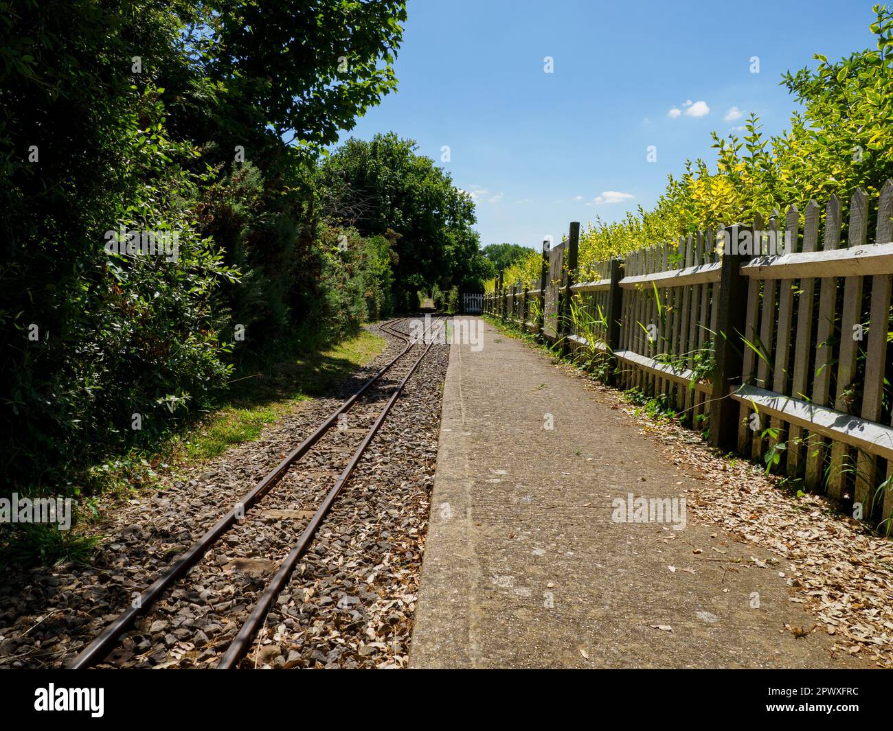 Royal Victoria Country Park narrow-gauge railway track and platform, Netley, Hants, UK Stock Photo