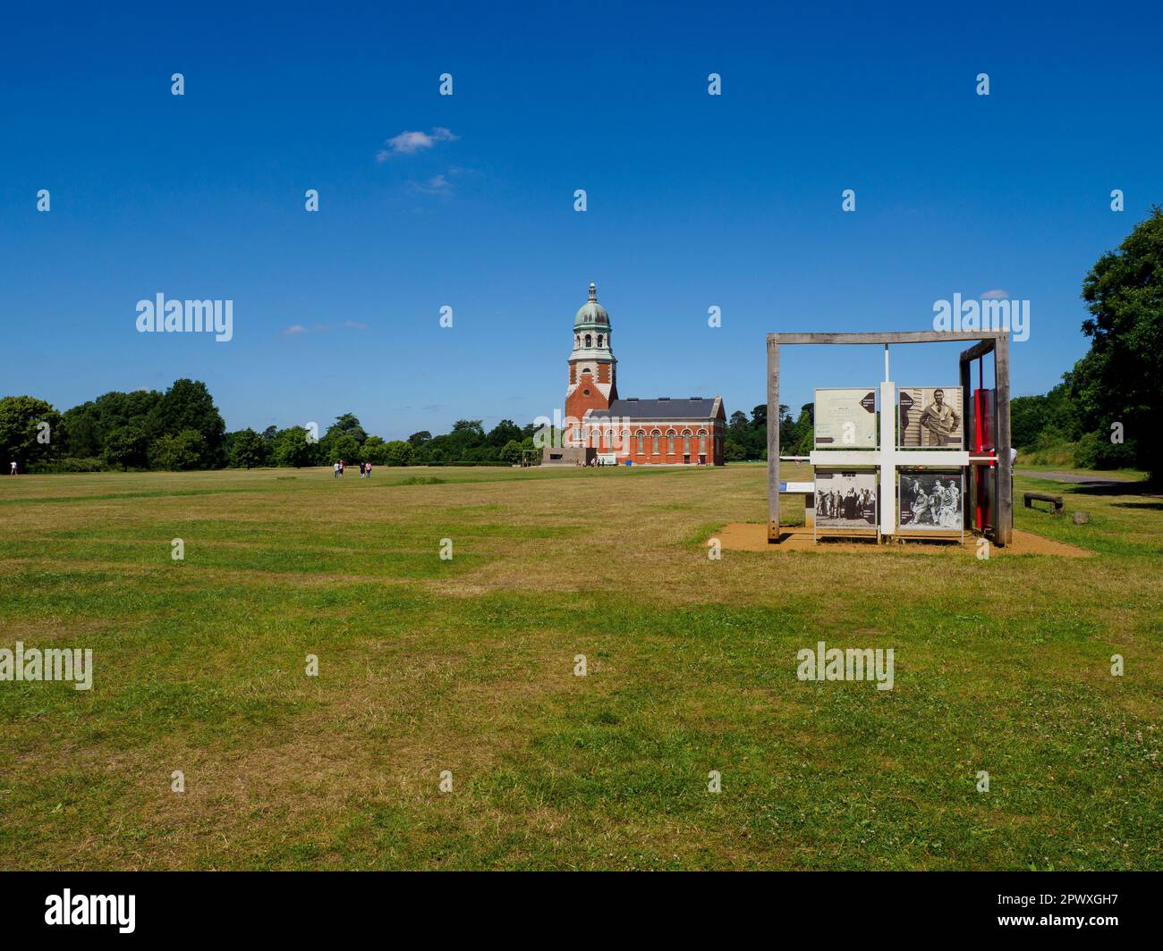 The Chapel and information panel at the Royal Victoria Country Park, Netley, Hampshire. Stock Photo