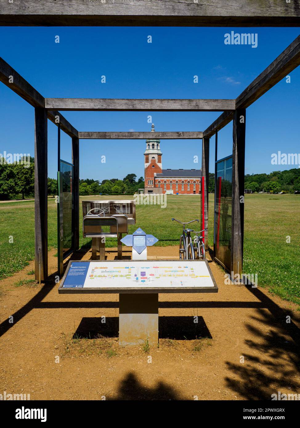 The Chapel and information panel at the Royal Victoria Country Park, Netley, Hampshire. Stock Photo