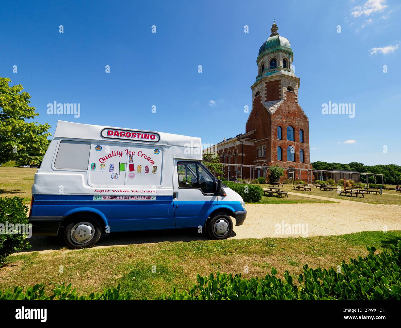 The Chapel and ice cream van at the Royal Victoria Country Park, Netley, Hampshire. Stock Photo