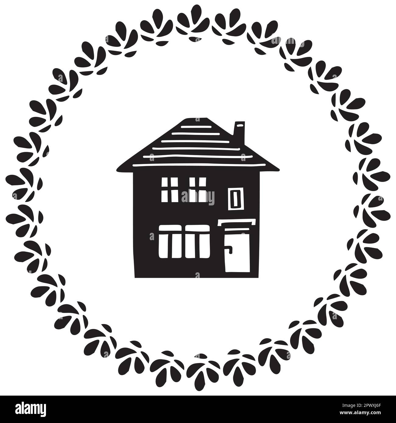 Cute rustic cottage motif in vintage style frame. Vector illustration of whimsical rural country house.  Stock Vector