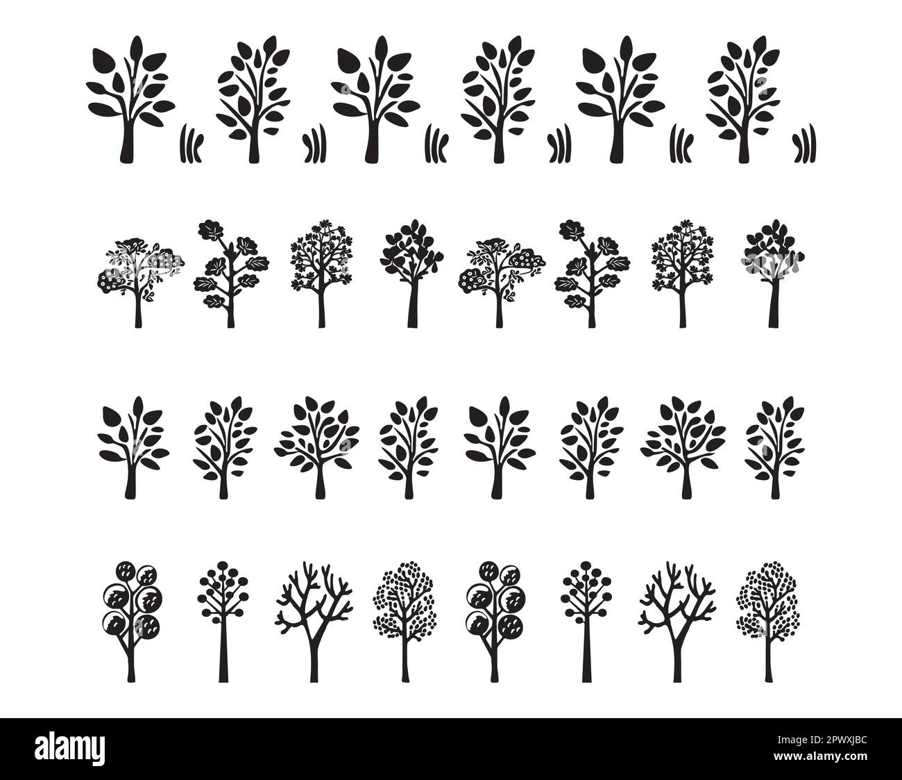 Collection of woodland tree scandi linocut vector border. Washi tape ...