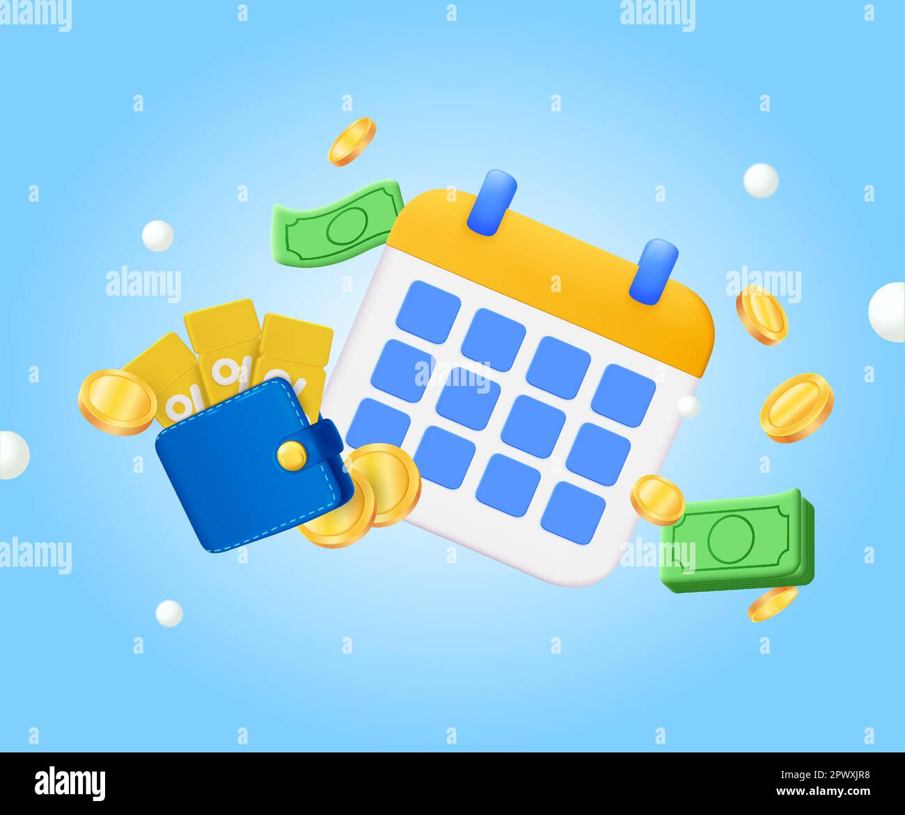 3D Calendar with wallet, coupons, vouchers, paper money, golden coins