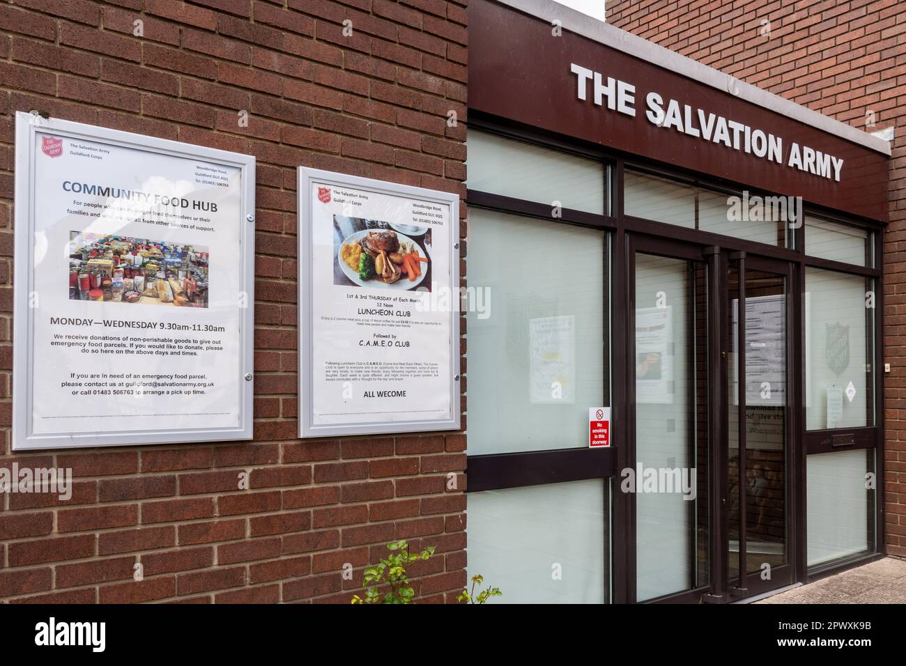 The Salvation Army church and community centre in Guildford town, with notice about a community food hub, Surrey, England, UK Stock Photo