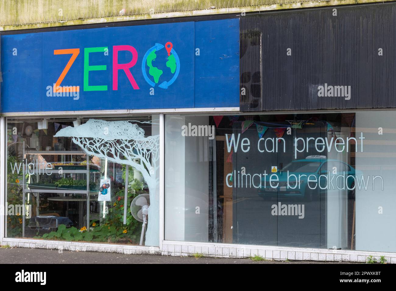 Zero, community space set up to drive a community-led climate action plan in Guildford town, Surrey, England, UK. Sustainability and environment Stock Photo