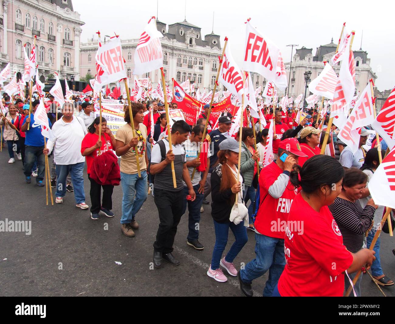 Lima, Peru. 01st May, 2023. Hundreds of unionists took Dos de Mayo square in Lima, in front of the headquarters of the Central of Workers of Peru (CGTP), commemorating the International