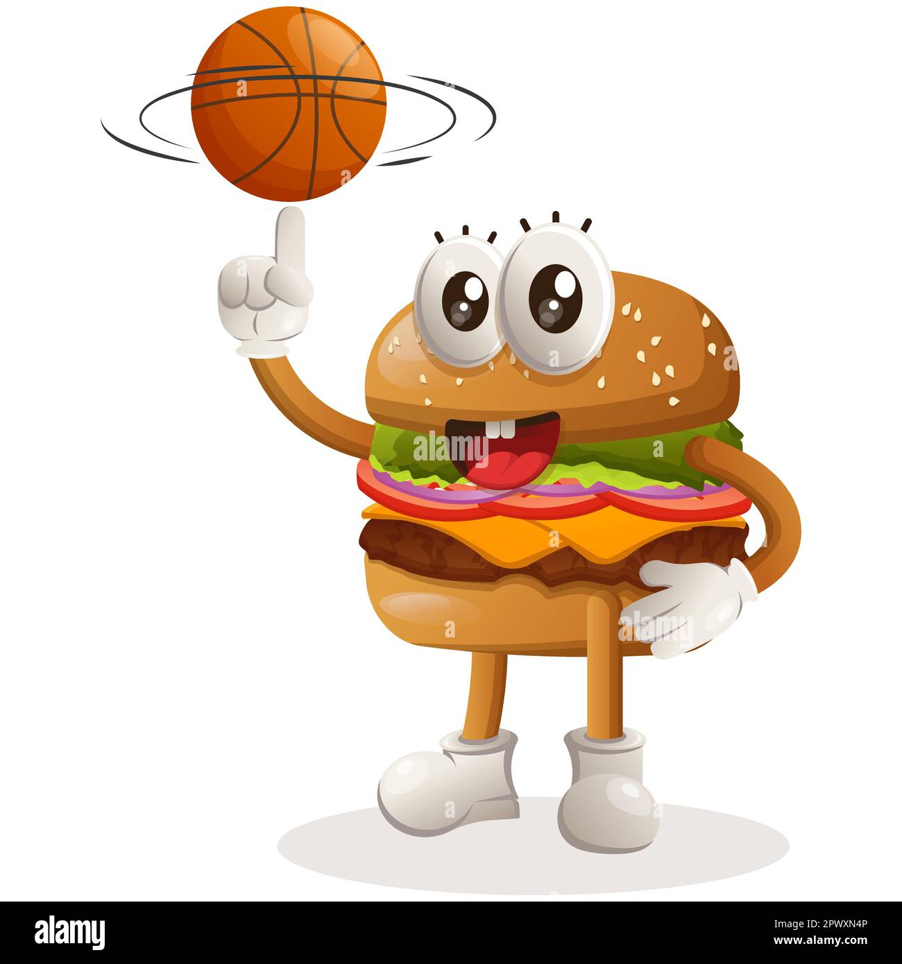 Cute burger mascot design playing basketball, freestyle with ball. Burger cartoon mascot character design. Delicious food with cheese, vegetables and Stock Vector