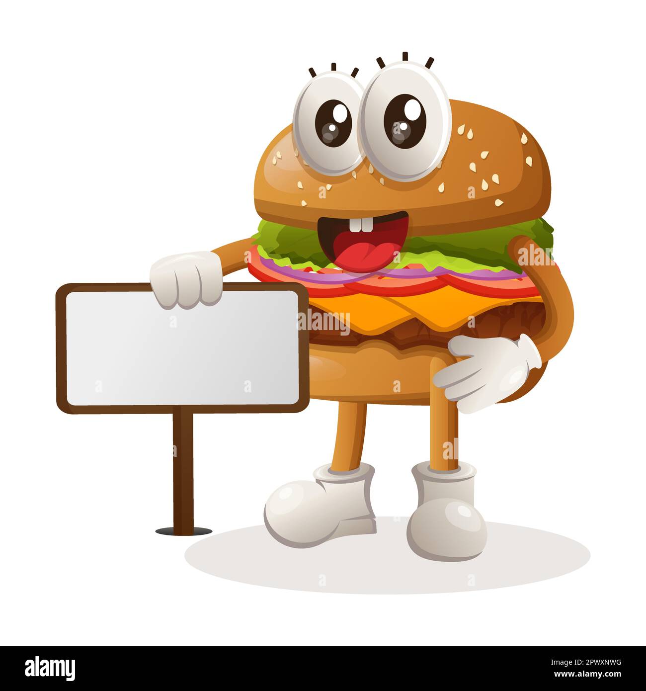 Cute burger standing next to a billboard. Perfect for food store, small