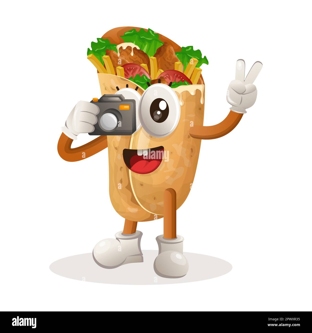 Cute burrito mascot taking photo with camera. Perfect for food store, small business or e-Commerce, merchandise and sticker, banner promotion, food re Stock Vector