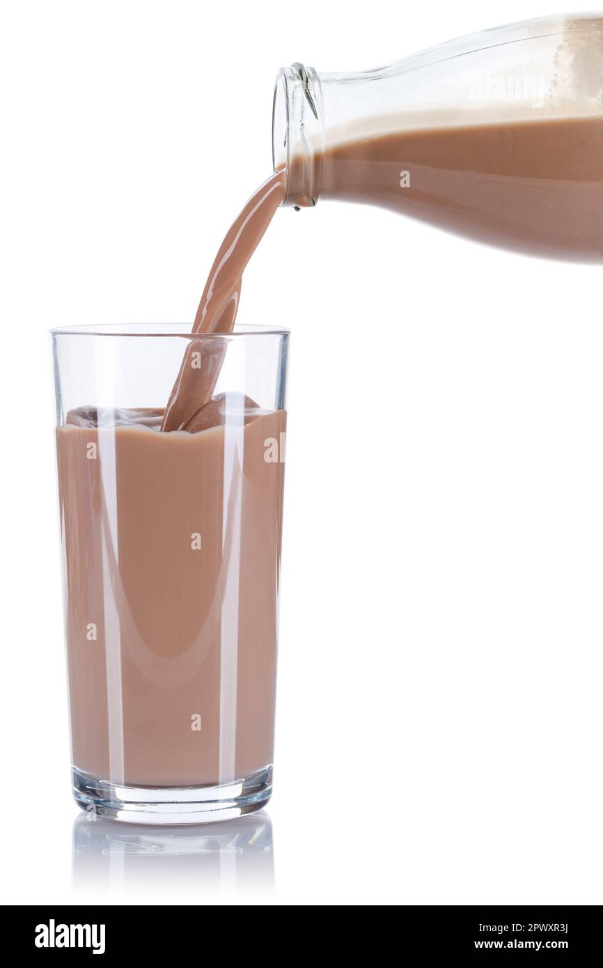 Chocolate drink milk pouring pour glass bottle isolated on a white