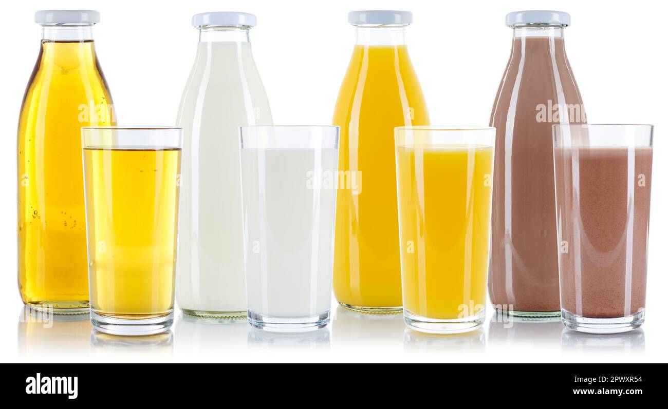 Apple orange juice milk and chocolate drink bottle glass isolated on a white background Stock