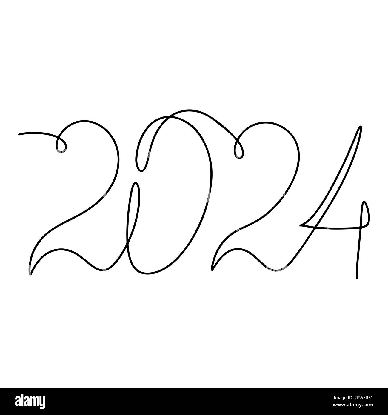 2024 year in single line style. One continuous line drawing. Vector